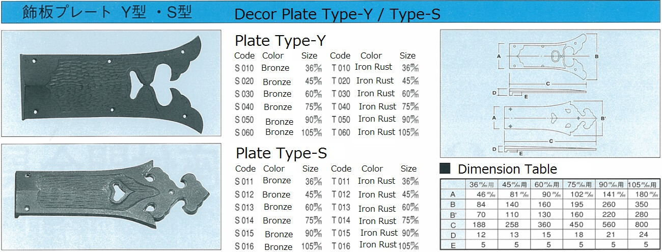 brass plate type-Y/S item code and dimension table
