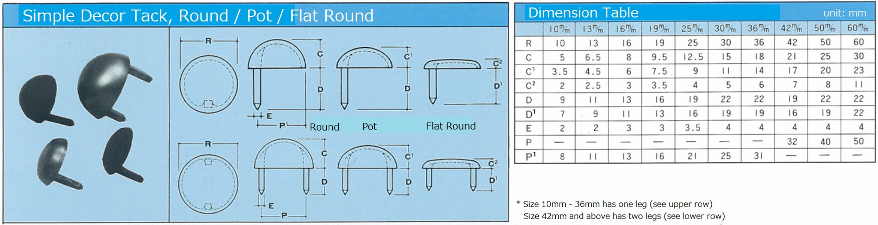simpletack_sizetable_01_en Simple Decor Tack, item code and dimension table