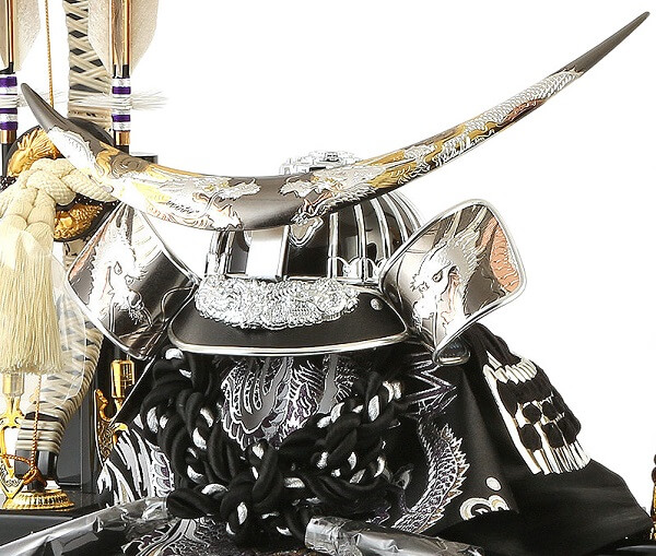 175-707-6 samurai helmet for sale, Masamune Date - Hokuto model, right front view with accessories