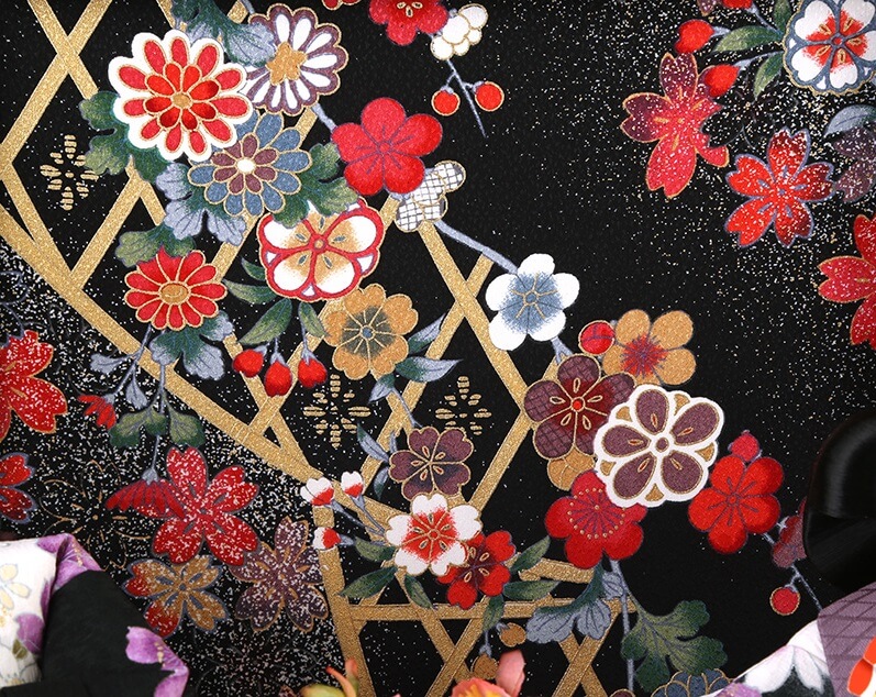 173-522-11 Hina dolls, a Japanese doll, gorgeous 5 dolls set kocho, details of Kimono fabric