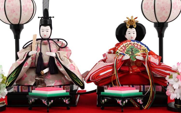 183-209_02 Hina dolls, a Japanese doll, compact size pair dolls set Miyuki (Red), details of the emperor and the empress dolls