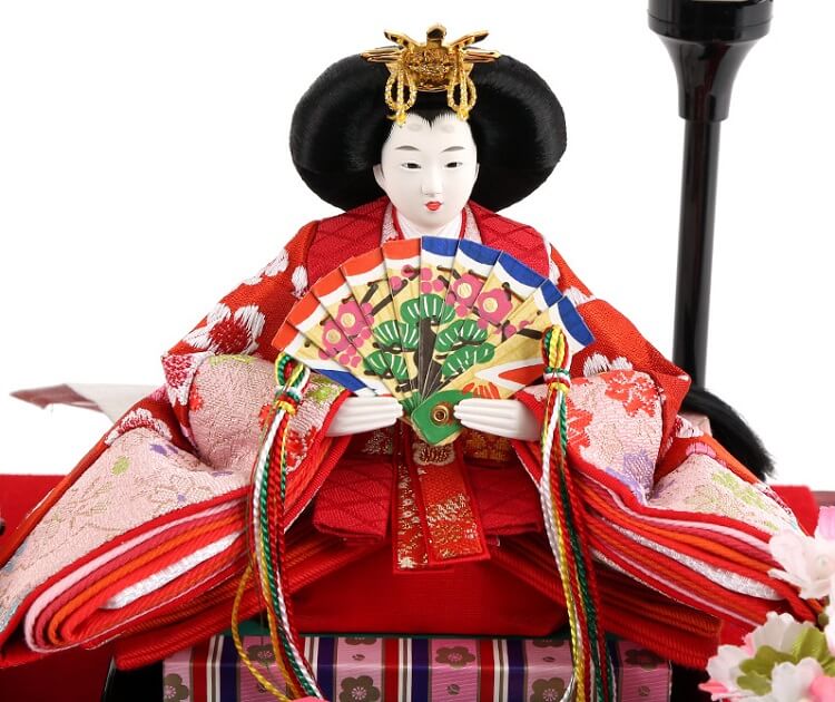 183-209_07 Hina dolls, a Japanese doll, compact size pair dolls set Miyuki (Red), entirei view of the empress doll