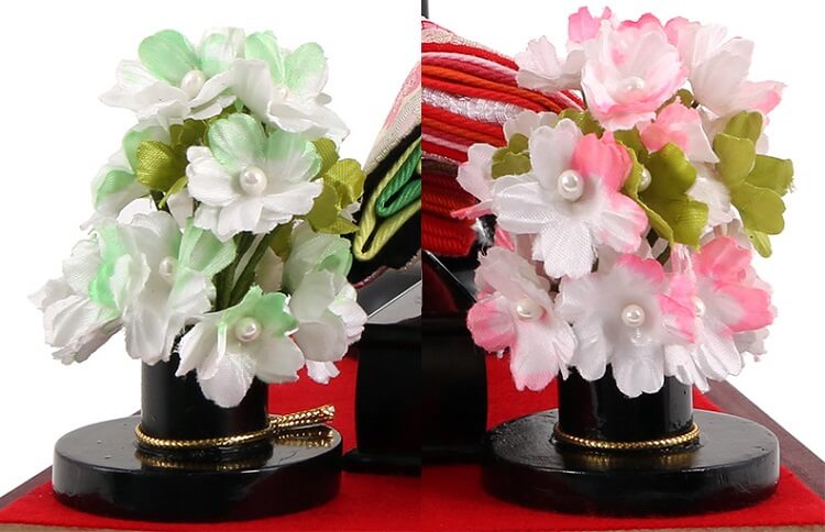 183-209_10 Hina dolls, a Japanese doll, compact size pair dolls set Miyuki (Red), details of flower ornaments