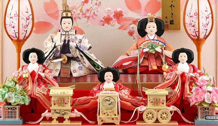 183-505_02 Hina dolls, a Japanese doll, gorgeous 5 dolls set Wakana, details of dolls inside the case