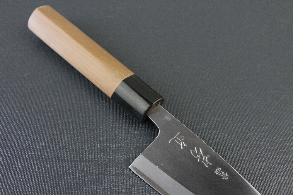 1st_deba_120_IMG_6523 Japanese professional chef knife, Deba fillet knife, steel 120mm, diagonal front view