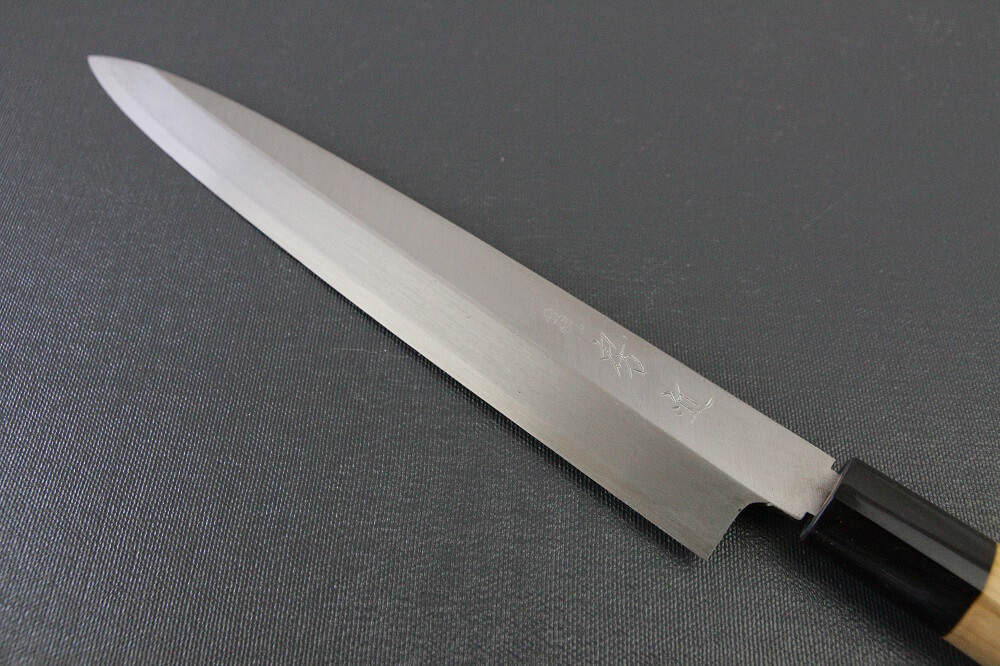 1st_yanagiba_left_240_IMG_6481 Japanese professional chef knife, left-handed Yanagiba Sushi knife, 1st grade 240mm, details of blade front side