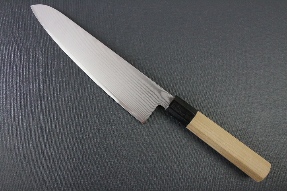 spsantoku_dam8_IMG_6172 Toshu Santoku multi-purpose Japanese chef's knife, octagonal wood handle, backside view