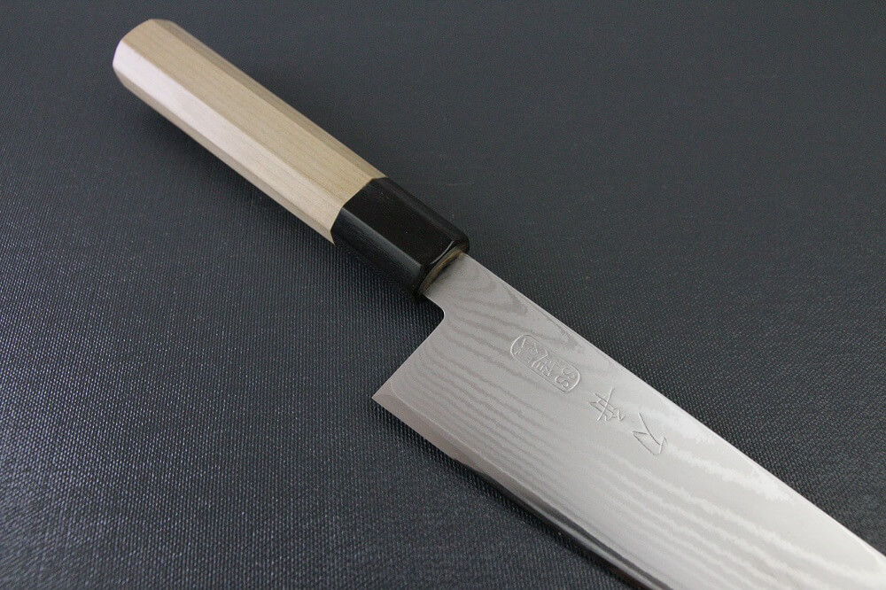 spsantoku_dam8_IMG_6178 Toshu Santoku multi-purpose Japanese chef's knife, damascus blade and octagonal wood handle, diagonal front view