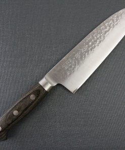 Toshu Santoku multi-purpose Japanese chef's knife, hammered finish blade and gray handle, entire view