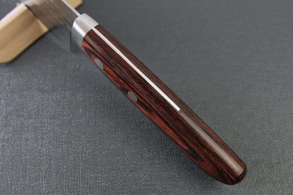 spsantoku_hamfin_maho_IMG_6230 Toshu Santoku multi-purpose Japanese chef's knife, hammered finish blade and mahogany handle, handle top view