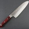 Toshu Santoku multi-purpose Japanese chef's knife, hammered finish blade and red handle, entire front view