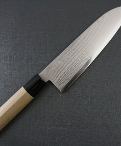 Toshu Santoku multi-purpose Japanese chef's knife, damascus blade and traditional wood handle, entire front view