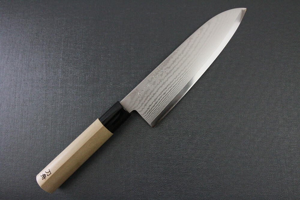 spsantoku_hou_IMG_6194 Toshu Santoku multi-purpose Japanese chef's knife, damascus blade and traditional wood handle, entire front view
