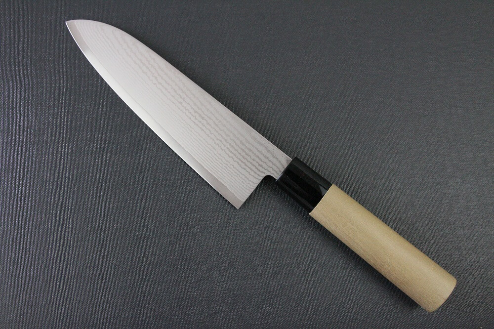spsantoku_hou_IMG_6196 Toshu Santoku multi-purpose Japanese chef's knife, damascus blade and traditional wood handle, backside entire view