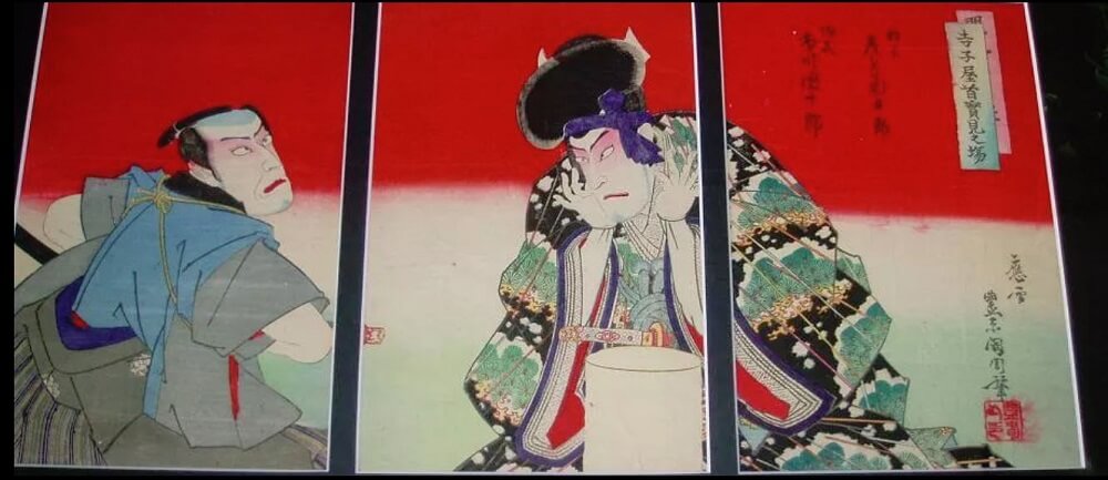 WLB-U003-01 Ukiyo-e woodblock print by a famous Ukiyo-e artist Toyohara kunichika, Terakoya kubi jikken no ba, entire view