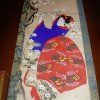 Hanging Scroll Painting of Japanese Art by British Museum Collection japanese woman scroll(sakura) Description http://www.britishmuseum.org/research/collection_online/collection_object_details.aspx?objectId=785175&partId=1&searchText=JCF5180&page=1 Painting, hanging scroll. The kabuki actor Segawa Michinosuke I as Shizuka Gozen dressed for travel and standing beneath branches of cherry in full bloom; she holds a bundle tied around her shoulders and carries a large, flat, black lacquer hat and long walking-stick; her kimono decorated with a dazzling pattern of yellow blossoms scattered on stylised flowing water, and one sleeve shrugged off. Ink and colour on silk. Signed, sealed and inscribed.Painted by: Utagawa Toyokuni I (歌川豊国) Date 1803 My Collection japanese woman scroll(sakura) Utagawa Ankosha, entire view