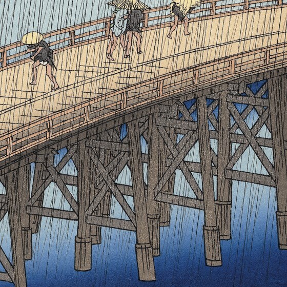 Hiroshige's masterpiece of Japanese Ukiyo-e, details of bridge