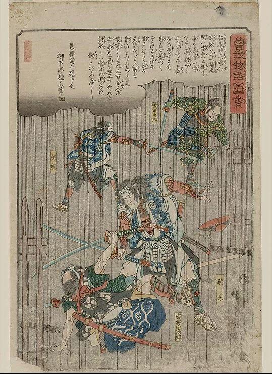 WLB-U007-01 Utagawa Hiroshige Ukiyo-e Woodblock print, Soga brothers Fighting in the Rain, entire view
